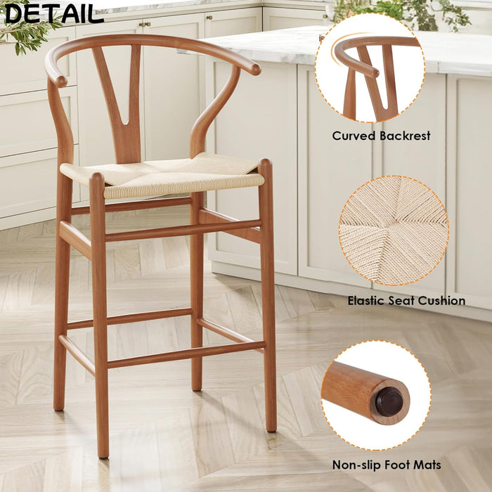 Wishbone Barstool, Weave Counter Height Bar Stool with Non-Slip Foot Mats, Fully Assembled Bar Stool for Kitchen, Island, Dining Room, Bar, Walnut