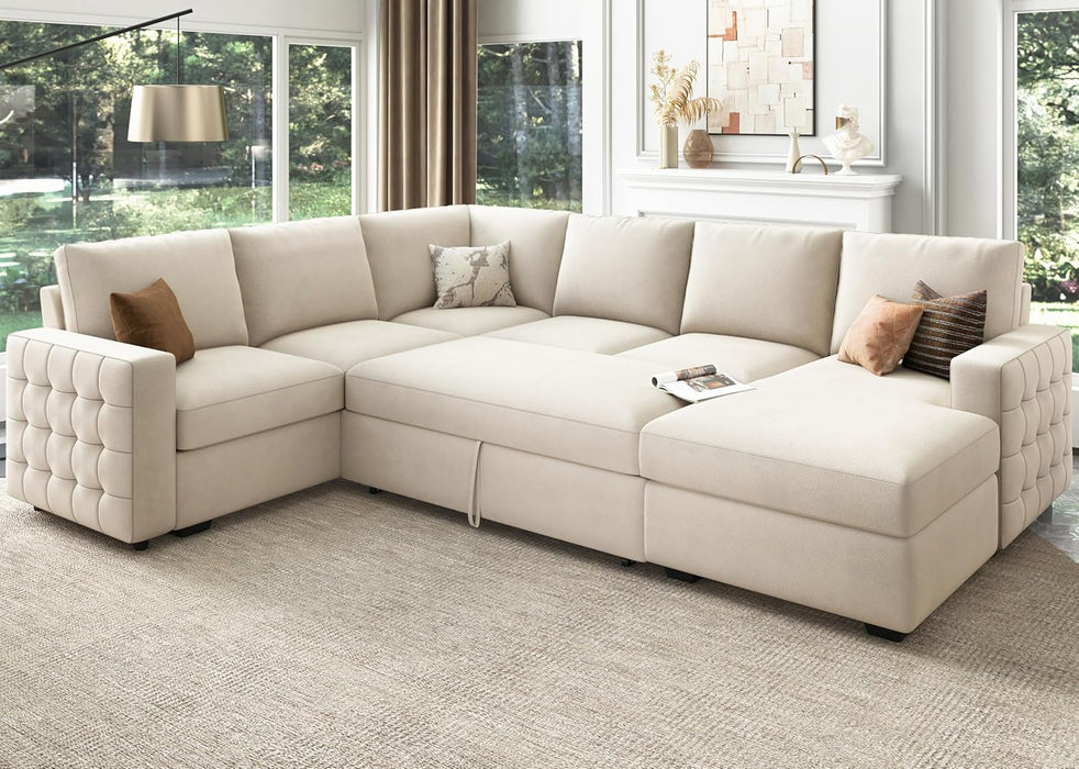 Sleeper Sectional Sofa with Storage Chaise U Shaped Sectional Couch for Living Room, Velvet Sleeper Sectional Couch with Pullout Bed, Beige