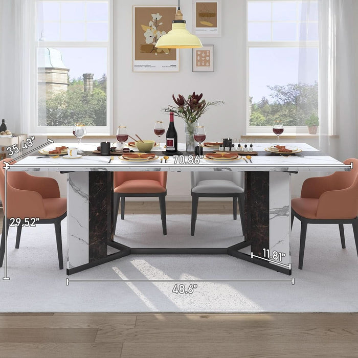 71In Large Rectangular White Dining Table for 4 5 6 7 People W/35In Marble-Color Wood Watrproof Tabletop,Adjustable Leg.6Ft Luxurious Family Dinner Table for Home Kitchen Living Room