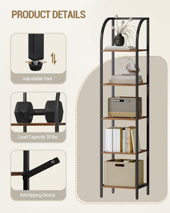 Narrow Bookshelf Five Tier Steel Frame WalnutFinish