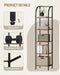 Narrow Bookshelf Five Tier Steel Frame WalnutFinish
