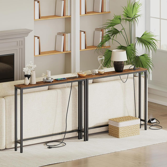 39.4 Inch Narrow Console Table with Power Outlets, 5.9 Inch Sofa Table with Storage, Skinny behind Couch Table, for Entryway Hallway, Small Spaces, Rustic Brown and Black BF52UXG01G1