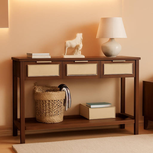 Console Table for Entryway with 3 Rattan Drawers Boho Entry Table with Storage Open Shelf, Narrow Long Sofa Tables for Living Room, Hallway, Foyer, Couch, Front Door, Walnut, 47 Inch