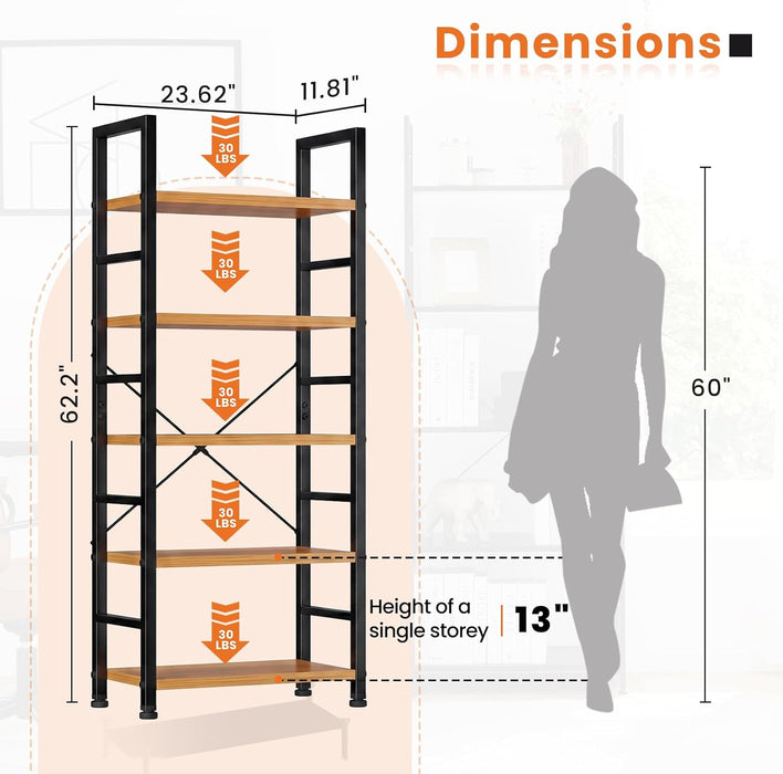 Industrial SolidWood Five Tier Bookcase Living Room