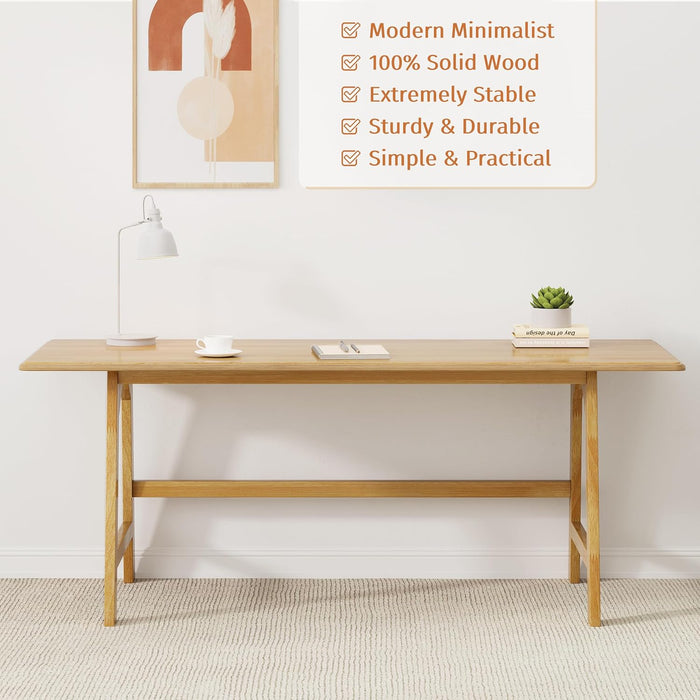 Solid Wood Writing Table - 72" W Minimalist Long Computer Desk, Oak