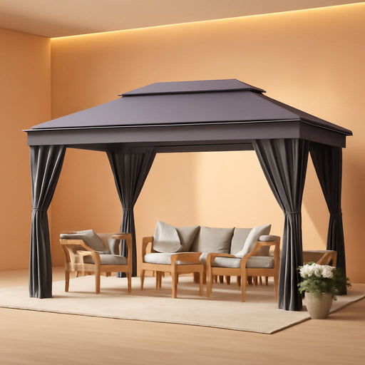 Outdoor 10'X 13' Gazebo,Large Soft Top Deck Gazebo with Mosquito Netting, Heavy Duty Metal Frame Canopy with Expansion Bolts and Double Roofs，Party Tent & Shelte for Backyard, Garden (Grey)