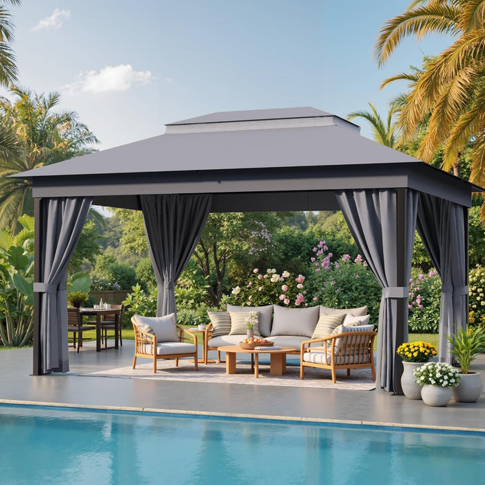 Outdoor 10'X 13' Gazebo,Large Soft Top Deck Gazebo with Mosquito Netting, Heavy Duty Metal Frame Canopy with Expansion Bolts and Double Roofs，Party Tent & Shelte for Backyard, Garden (Grey)