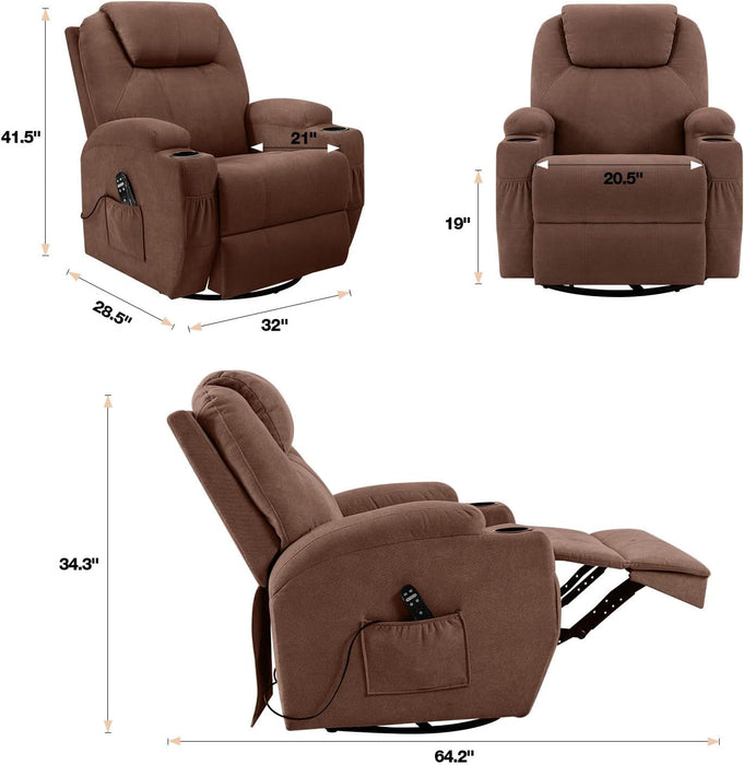 Rocking Chair Recliner Chair with Massage Swivel Ergonomic Lounge Chair Classic Single Sofa with 2 Cup Holders Side Pockets Living Room Chair Home Theater Seat (Brown)