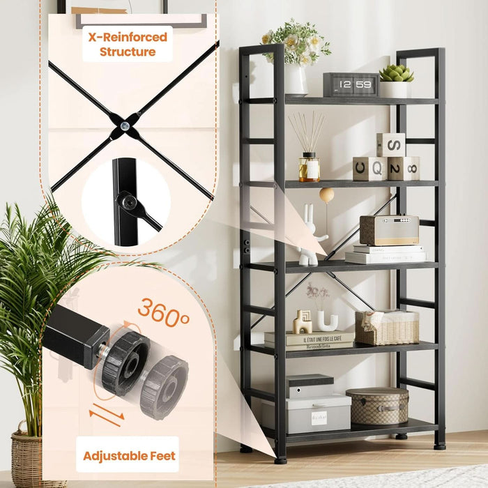 Book Shelf, 5 Tier Bookcase, Modern Tall Bookshelf for Garage Kit, Cds, Movies, Industrial Corner Storage Organizer for Bedroom Home Office Kitchen Living Room, Black