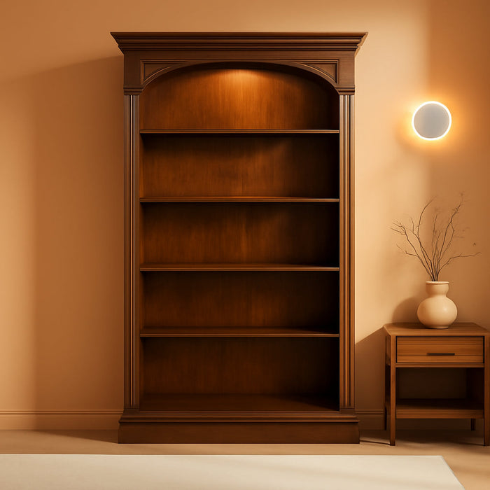 Cherry Veneer Bookcase with Distressed-Finish, Tall Open Bookshelf and Wood Shelves for Office or Bedroom Use, Brown