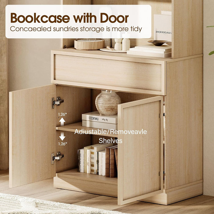 Modern 72" Tall Bookshelf with Doors, Drawers & Adjustable Shelves, Library Bookcase with Storage Cabinet and Open Shelving, Wood Bookcase for Home Office, Living Room, Beige, 1 PC