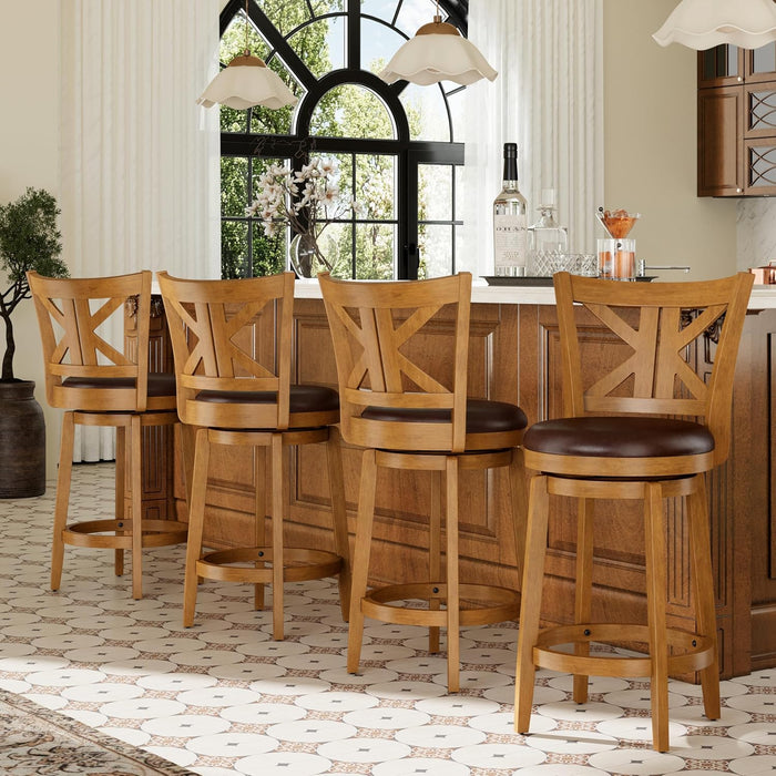 26 Inch Swivel Bar Stools Set of 2, Counter Height Bar Stools | Wooden Bar Stools, Faux Leather Kitchen Stools, Counter Height Chairs with Solid Wood Legs & Wrap-Around Footrest