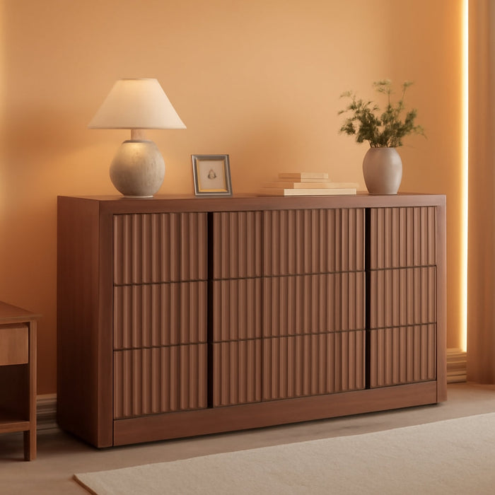Walnut Dresser for Bedroom, 47" Wide 6 Drawer Dresser, Modern Chest of Drawers with Solid Wood Handle, Curved Profile Design, Wood Dresser Storage Organizer, Living Room, Hallway