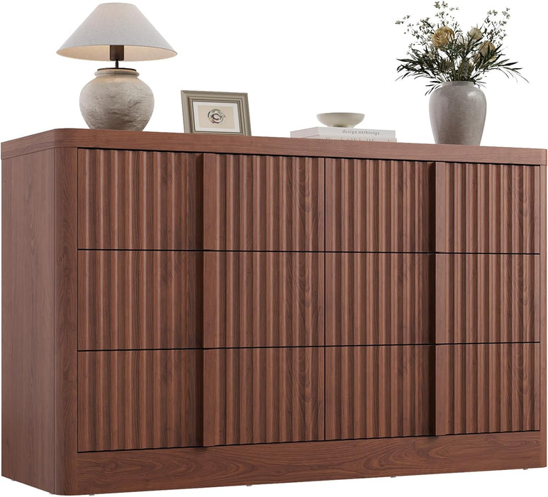 Walnut Dresser for Bedroom, 47" Wide 6 Drawer Dresser, Modern Chest of Drawers with Solid Wood Handle, Curved Profile Design, Wood Dresser Storage Organizer, Living Room, Hallway