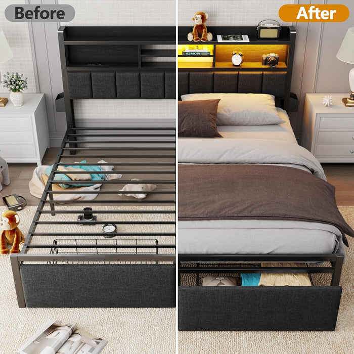 King Bed Frame with Wood Headboard & Storage Drawers, Metal Platform Bed Frames King Size with LED Lights, Built in Charging Station, No Box Spring Needed, No Noise, Easy Assembly, Black