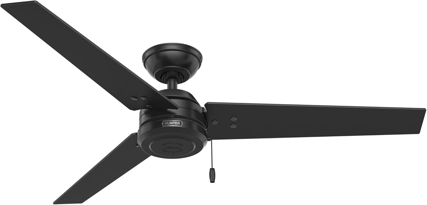 52 Inch Outdoor or Indoor Ceiling Fan No Light - Black Ceiling Fan without Light, for Patio, Porch, Garage, or Living Room, Standard Mount, 3 Blades, Pull Chain - Cassius 59264, Matte Black