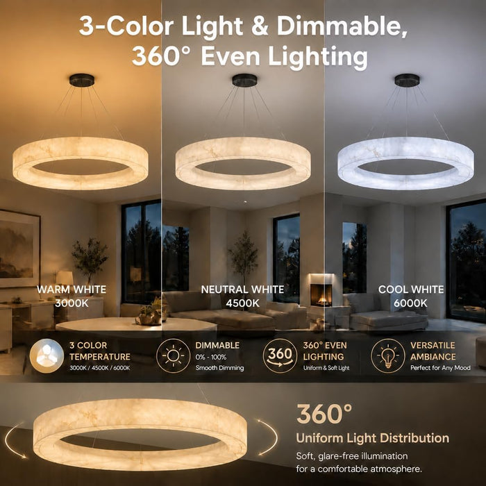 Alabaster round Chandelier, 31.5In Spanish Natural Marble Pendant Light, Dimmable 3-Color Modern Marble Chandelier for Dining Room, Living Room, Bedroom, Bathroom & Foyer