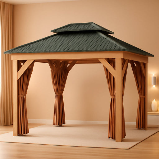 10X12 Ft Hardtop Wood Gazebo for All Weather, Double Metal Roof, Heavy Duty Cedar Frame, Curtains & Netting, Permanent Outdoor Pavilion for Patio, Deck, Backyard, Lawn, Garden, Khaki