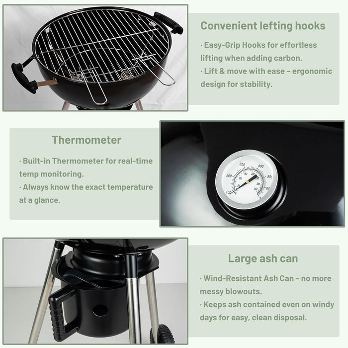 18-Inch Kettle Charcoal Grill with Lid & Wheels,Easy-To-Use BBQ Grill for Backyard, Patio & Beginners Outdoor Charcoal Grills for Family Cooking with Windproof Ash Can