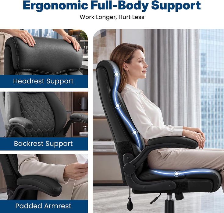 Office Chair, High Back Ergonomic Desk Chair with Inflatable Lumbar Support for Lower Back Pain Relief, Executive Leather Computer Chair with Rocking Function & Padded Flip-Up Arm