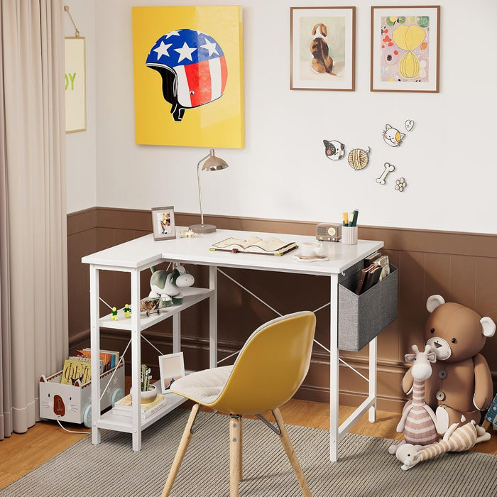 L Shaped Desk, 40 Inch Computer Desk with Reversible Storage Shelves Home Office Corner Desk Study Writing Table, White