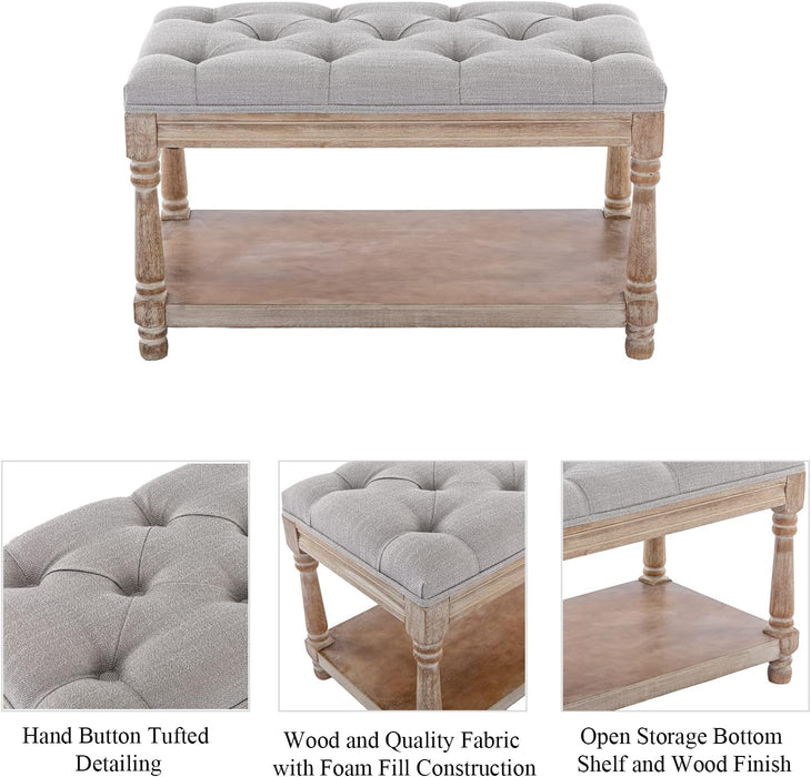 Farmhouse Tufted Storage Ottoman Bench with Shelf, 31.5" Width Linen Upholstered Entryway Shoe Ottoman Foot Stool for Bedroom Living Room Dining Room, Grey