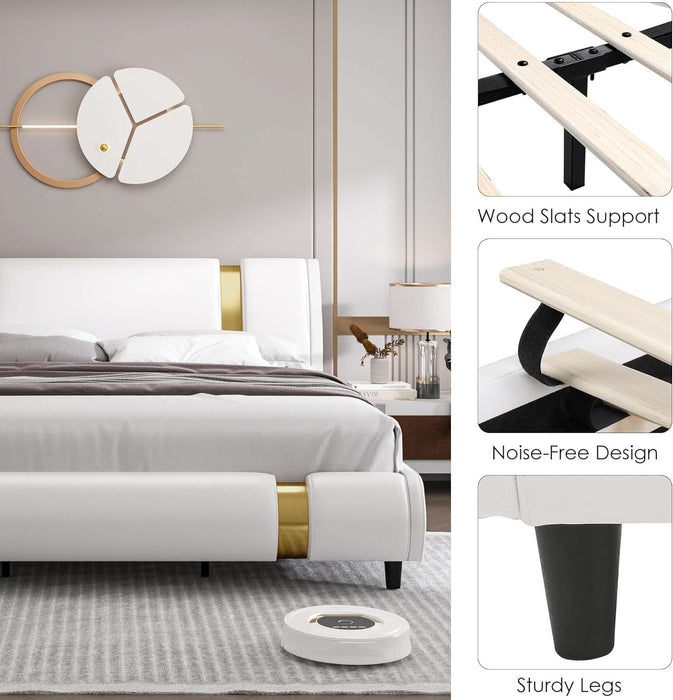 Modern Faux Leather Upholstered Platform Bed Frame with Golden Iron Metal Decor, Adjustable Curved Headboard, Wooden Slats Support, No Box Spring Needed, Queen Size, White