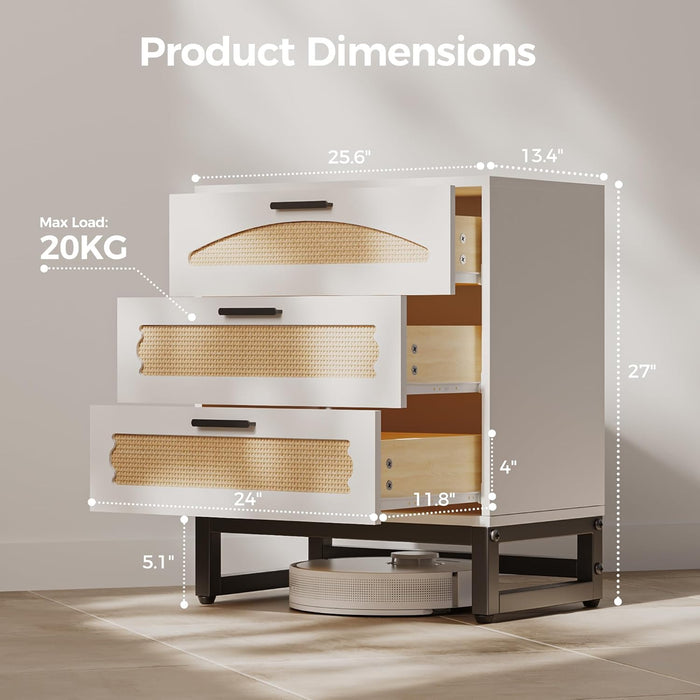 White Rattan Dresser With Industrial Metal Handles