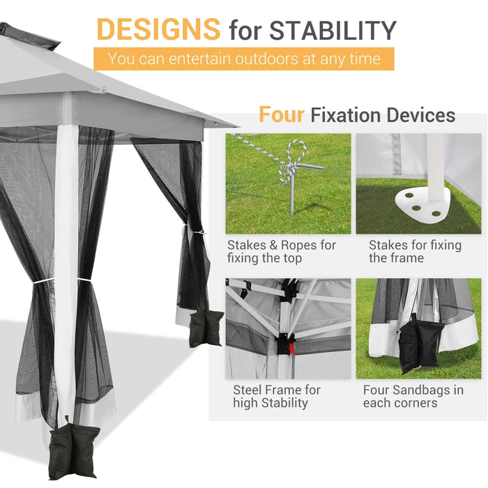 12X12Ft Outdoor Pop up Gazebo with Mosquito Netting, Instant Patio Canopy Tent for Shade and Rain, 2 Tiered Vente Gazebo Canopy for Garden Backyard with Carry Bag&4 Sandbags