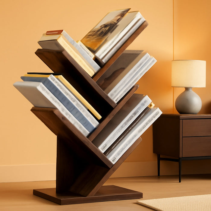 4 Tier Tree Bookshelf, 4 Shelf Bookcase, Modern Book Storage, Free Standing Tree Bookcase, Utility Organizer Shelves for Home Office, Living Room, Bedroom, Rustic Brown