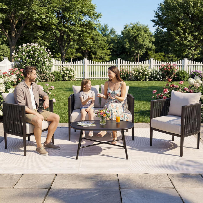 4 Piece Patio Furniture Set, Rattan Side Arm & Back, Semicircular Design