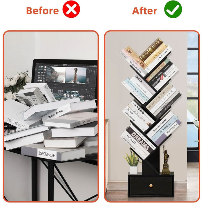 8 Tier Tree Bookshelf with Drawer, Free Standing Wood Bookcase for Living Room, Bedroom, Home Office, Space Saving Storage Organizer Bookshelves for Books, Cds, Vinyl Records- Black