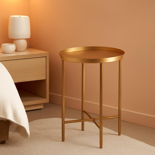 Celia round Metal Foldable Accent Table with Tray Top, Gold