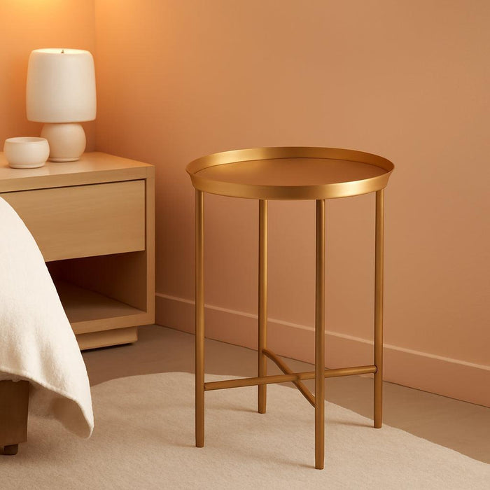 Celia round Metal Foldable Accent Table with Tray Top, Gold