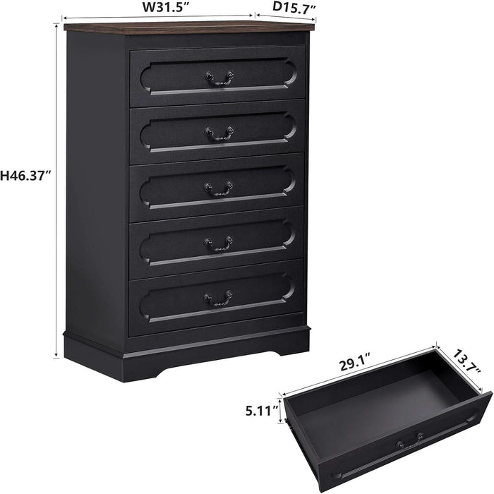 5 Drawer Dresser for Bedroom Farmhouse Black Wood Chest of Drawers for Bedroom Dresser, Rustic 46" Tall Wide Drawers Dressers Wooden Closet Storage Cabinet, Hallway, Living Room