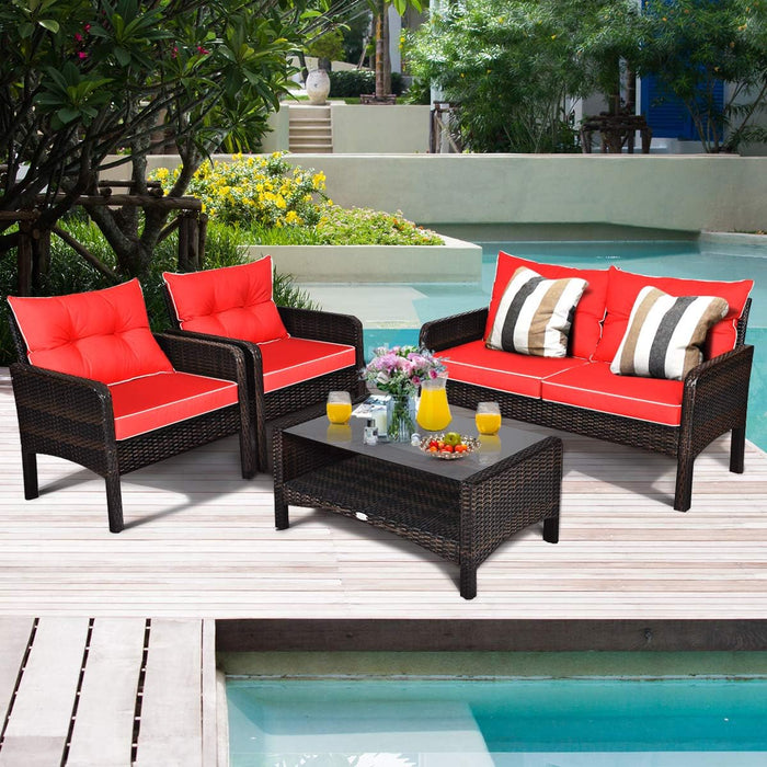 4 Piece Patio Furniture Set, Outdoor Wicker Conversation Set with Glass Top Coffee Table, All Weather Proof and Thick Cushions, Suitable for Porch, Garden, Poolside and Lawn (Red)