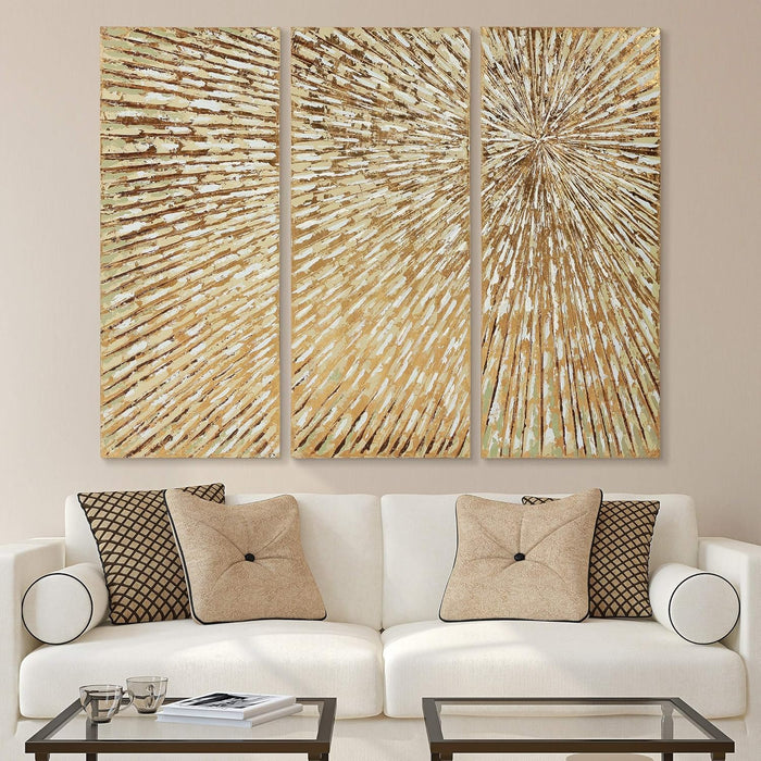 Gold Wall Art Textured Hand Painted Canvas by Martin Edwards, Triptych, 48" X 20" Each, Sunshine