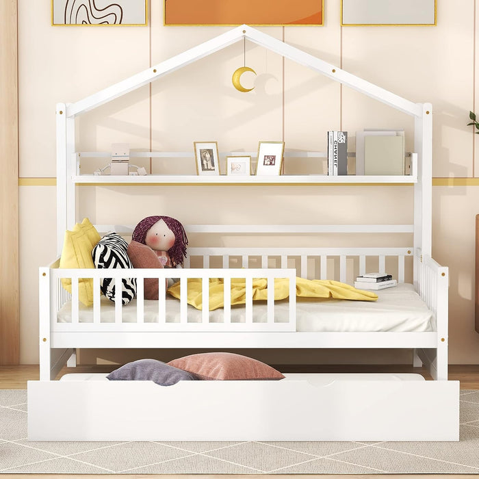 FullSize White Wooden Playhouse Trundle Bed Storage