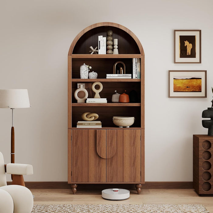 2 Pack 71" Tall Arched Bookshelf with Storage Cabinet, Modern Wood Display Bookcase with Arched Top, 3 Adjustable Open Shelves, 2 Doors Cabinet, for Living Room, Bedroom, Walnut