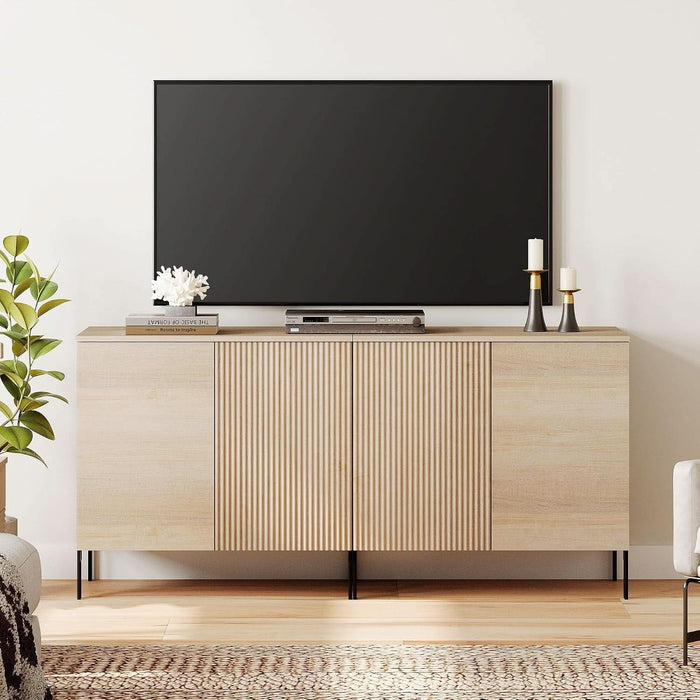 63" Sideboard Buffet Cabinet with 4 Doors and Adjustable Shelves, Fluted Storage Cabinet, Modern Credenza Coffee Bar Wine Bar Table for Kitchen, Dining Room, Living Room,Beige