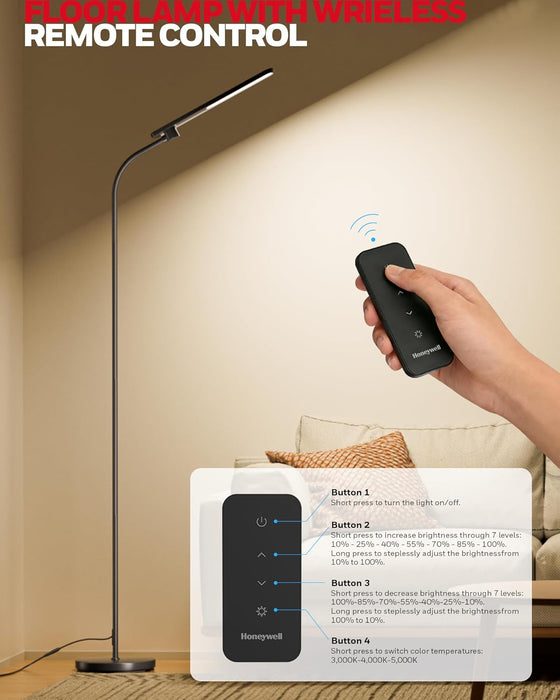 LED Floor Lamp with Remote, CRI97 Full Spectrum Eye-Caring Reading Lamp, Stepless Dimmable 3000K-5000K Task Floor Lamp with Flexible Gooseneck for Living Room, Bedroom, Office