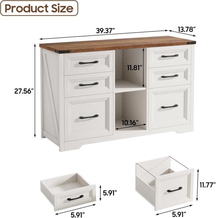 Farmhouse Lateral File Cabinet with 6 Drawers, Rustic White
