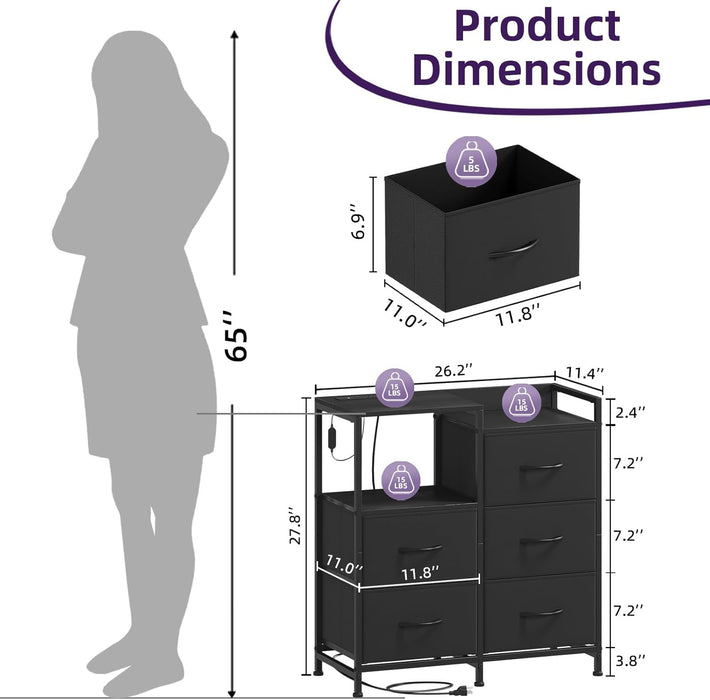 Black Nightstand with Charging Station and LED Light, Wide 5 Drawers Dresser for Bedroom with Fabric Bins and Open Shelf for Bedroom Kids Closet Dorm Guest Room, Black