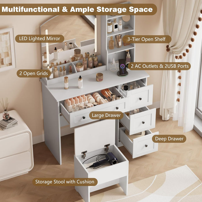 App & Button Controlled RGB Vanity with Arc Mirror, Small Makeup Vanity Table Set with Drawers & Chair, 3 Lighting Modes & Adjustable Brightness with Power Outlet, Vanity for Women Girls Bedroom