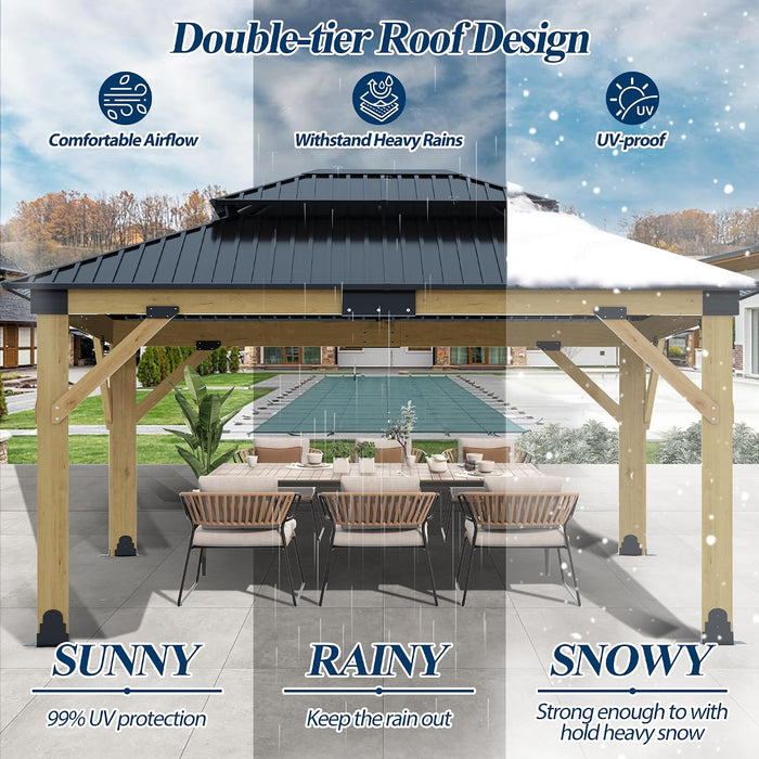13FT X 15FT Outdoor Wooden Gazebo - Patio Wood Frame Gazebo with Galvanized Steel Hardtop, Heavy-Duty Hardtop Gazebos for Garden, Poolside, Deck, Backyard