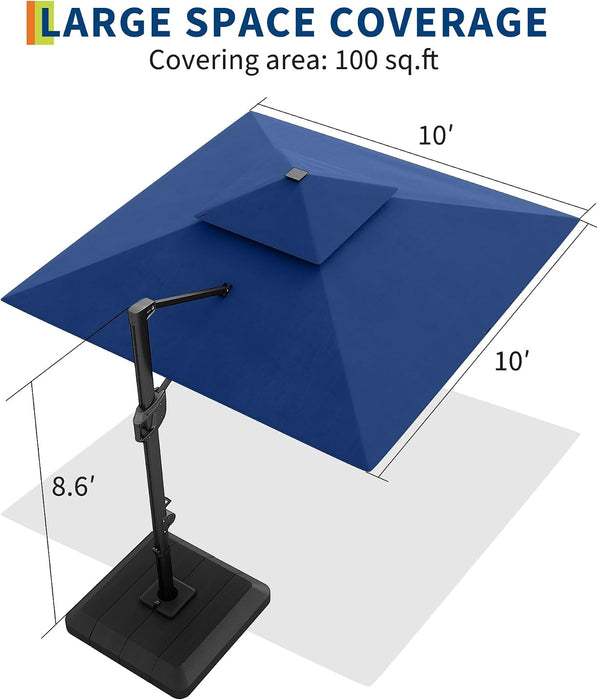 10 Ft Solar Lights Cantilever Patio Umbrella with Base Included, 360° Rotation Offset Umbrella, Easy Crank & Tilt Adjustment, UV Protection for Backyard, Poolside, Deck -Navy Blue