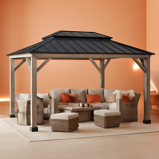 12 X 16 Ft. Wood Gazebo, Outdoor Patio Cedar Framed Steel Hardtop Gazebo with 2-Tier Metal Roof, Suitable for Patios, Lawn and Backyard, Matte Black Roof + Gray Wood Frame