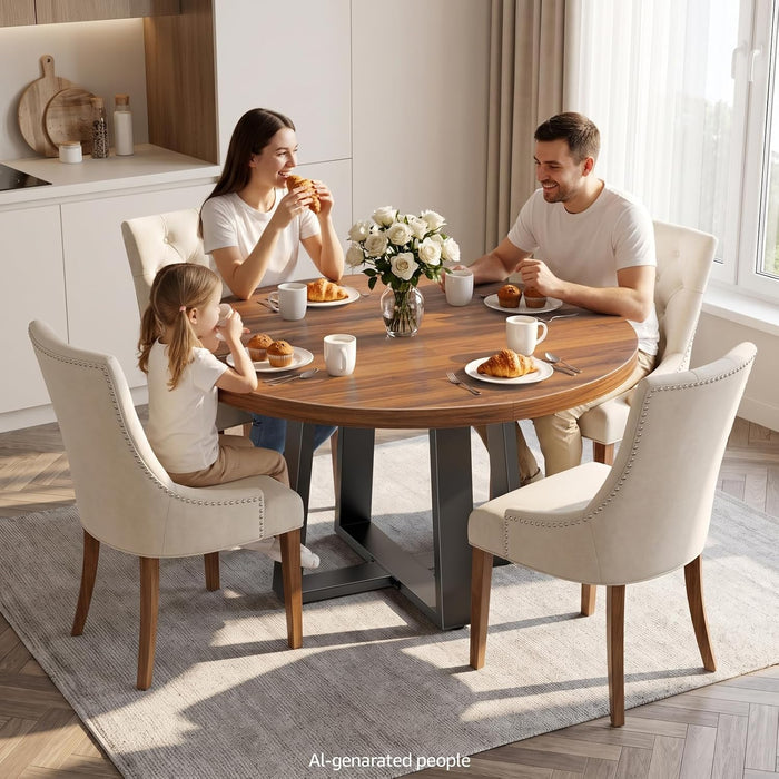 Extendable round Dining Table Wood Circle to Oval Kitchen Table for 4 to 6 People with Black Cross Metal Legs Modern Rustic Walnut Dinner Table Space Saving Furniture