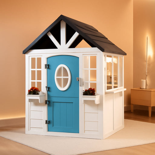 Kids Playhouse Outdoor,Cedar Wooden Play House for Kids Ages 3-8,With Dutch Door, Play Kitchen, Interactive Doorbell, Sink, Flowerpot, Birdcage
