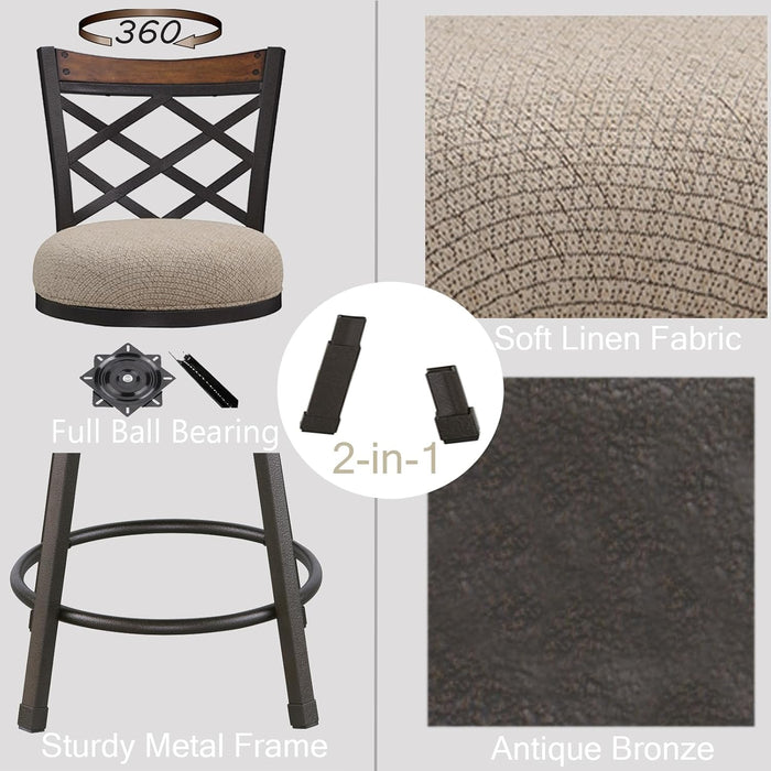 Swivel Bar Stools Set of 2, 25/30 Inch Adjustable Beige Fabric Bar Chairs with Antique Brass Frame, Mid-Century Counter Barstools with Back for Kitchen Island
